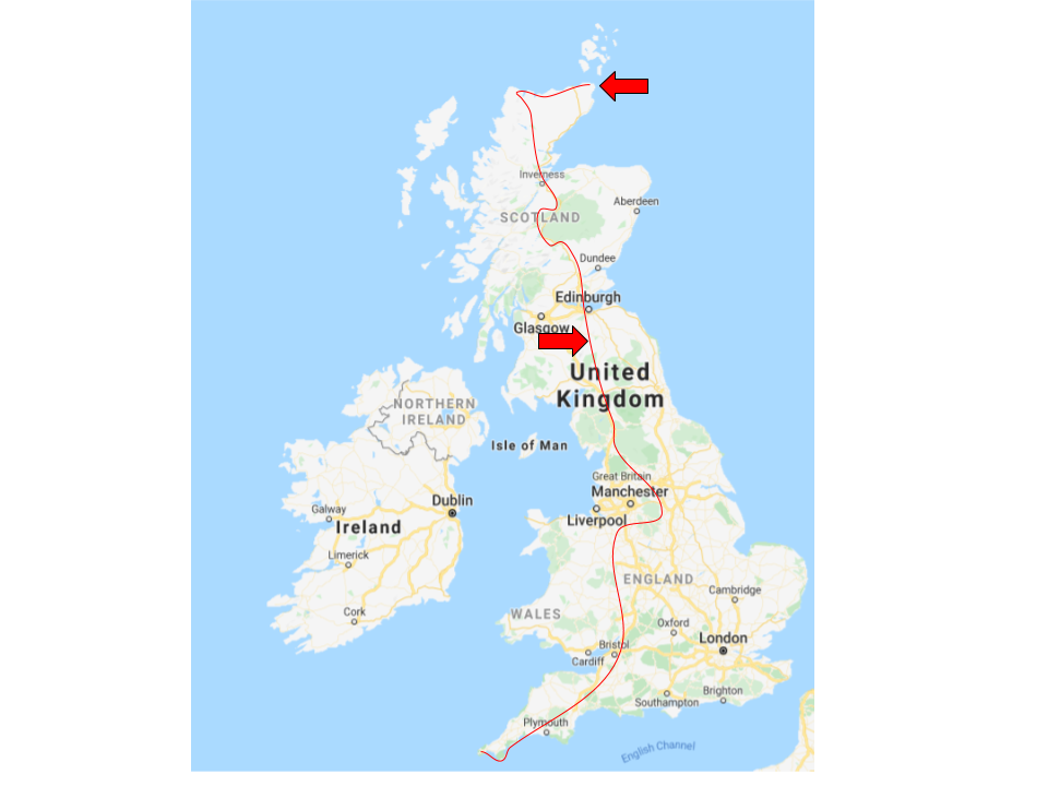 Map of UK showing cycling route